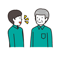 Two staff in work clothes: conversation