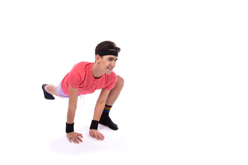 A young guy in shorts and a T-shirt goes in for sports and fitness. Retro style. 80s, 90s, 70s. Isolate. White background.