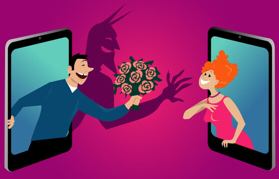 Man coming out of a smartphone and presenting flowers to a woman, his shadow looks like a devil, metaphor for on-line dating danger, EPS 8 vector illustration