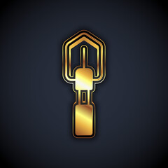 Gold Shovel icon isolated on black background. Gardening tool. Tool for horticulture, agriculture, farming. Vector