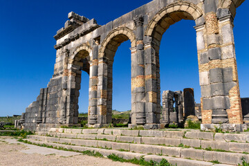 UNESCO heritage.
Extensive complex of ruins of the Roman city Volubilis - of ancient capital city of Mauritani. Meknes region,  Morocco, North Africa