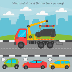 Fototapeta na wymiar Game for kids. Find by the shadow what car is on the tow truck. Children funny education riddle entertainment and amusement. Vector illustration