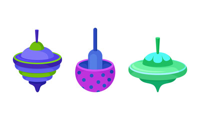 Bright Humming Top or Spinning Top as Squat Toy with Sharp Point at the Bottom Vector Set