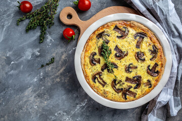 Traditional french pie Quiche Lorraine mushrooms champignons and cheese. Savory tart pie with mushrooms. banner, menu recipe place for text, top view