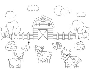 Color farm animals in field. Coloring page for kids.
