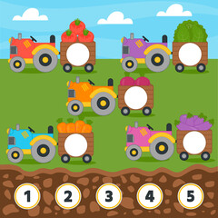 Match game for kids. Counting from 1 to 5. Count the vegetables in the tractor. Children funny education riddle entertainment and amusement.  Vector illustration