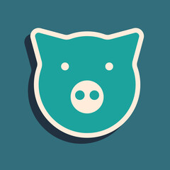 Green Pig icon isolated on green background. Animal symbol. Long shadow style. Vector