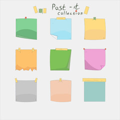 Hand drawn adhesive notes with push pin and paper clip in vector graphic