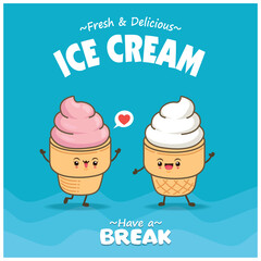 Vintage food poster design with vector ice cream character.