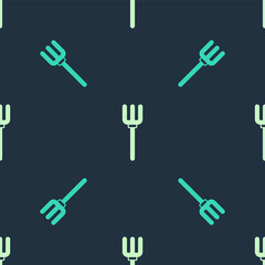 Green and beige Garden pitchfork icon isolated seamless pattern on blue background. Garden fork sign. Tool for horticulture, agriculture, farming. Vector