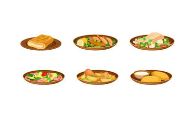 Brazilian Cuisine Dishes with Fruit Salad, Fried Pastry and Fish with Vegetables Vector Set