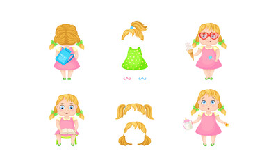 Girl Character Reading Book and Holding Ice Cream Vector Set