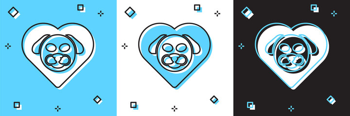 Set Heart with dog icon isolated on blue and white, black background. Pet paw in heart. Love to the animals. Vector