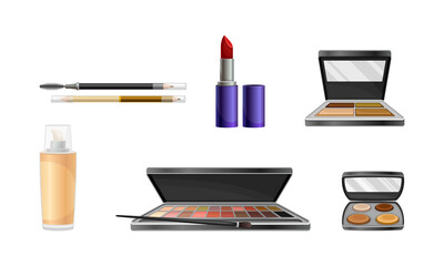 Decorative Cosmetics or Color Cosmetics with Eye Shadow and Facepowder Vector Set