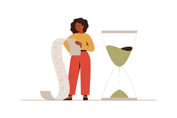African American businesswoman looks at the done tasks list with a smile. Happy black female has done her work or project on time. Successful time management concept. Vector illustration - obrazy, fototapety, plakaty