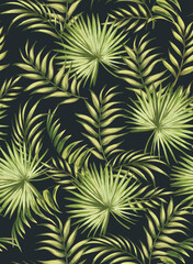 Tropical vector pattern with hibiscus, orchid, palm leaves. Exotic style. Seamless botanical print for textile, print, fabric on colored background.