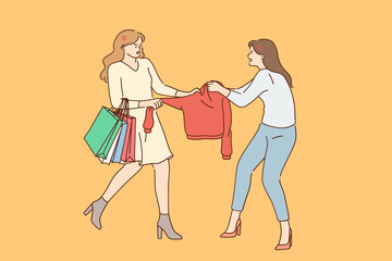 Fototapeta premium Shopping, competition, fighting concept. Two young angry women cartoon characters fighting for sweater during sales on shopping vector illustration 