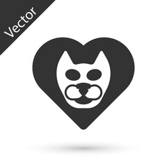 Grey Heart with cat icon isolated on white background. Love to the animals. Vector