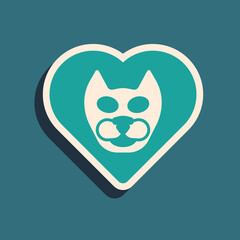 Green Heart with cat icon isolated on green background. Love to the animals. Long shadow style. Vector