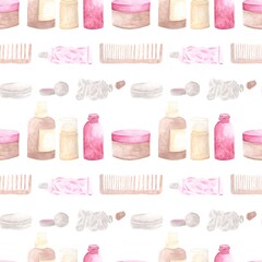 Seamless pattern with eco-friendly personal care items, watercolor illustrations