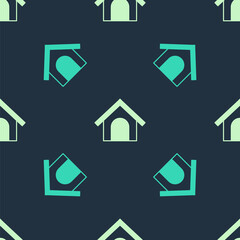 Green and beige Dog house icon isolated seamless pattern on blue background. Dog kennel. Vector