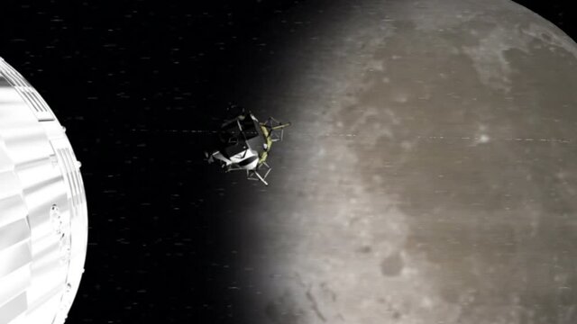 Undocking of the Lunar Module in Orbit. Undocking the lunar module from the main compartment against the background of the rotating moon. Simulation of a television signal with interference, noise, sw