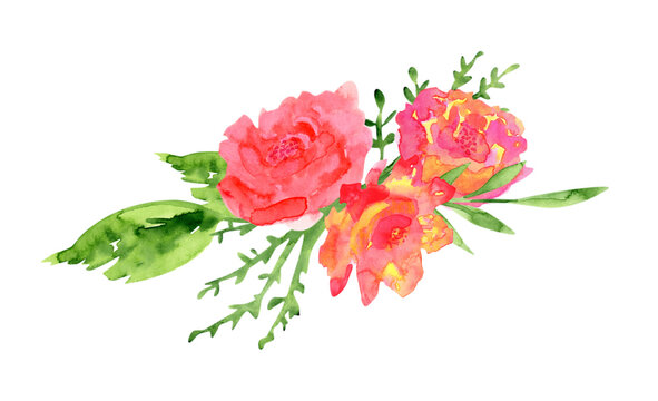 Decorative watercolor bouquet of flowers and leaves isolated on white. 