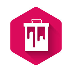 White Honeycomb icon isolated with long shadow background. Honey cells symbol. Sweet natural food. Pink hexagon button. Vector