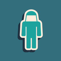 Green Beekeeper with protect hat icon isolated on green background. Special protective uniform. Long shadow style. Vector