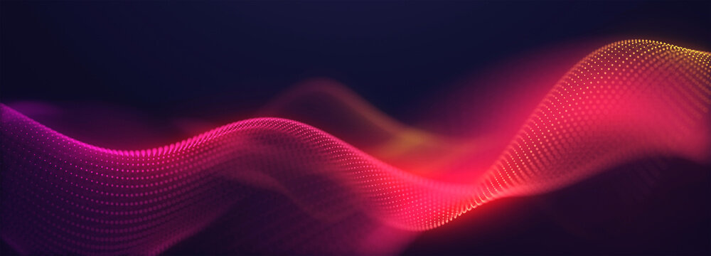 Abstract colorful digital particles wave with bokeh and light background, 3d render wave line dot background, line wave light glowing effect particular background.
