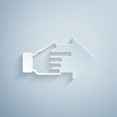 Paper cut Hand with pointing finger with arrow icon isolated on grey background. Business vision and target. Concept business finance, character, leader. Paper art style. Vector