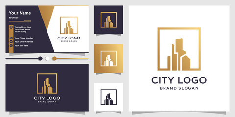 City logo with golden concept and business card design Premium Vector