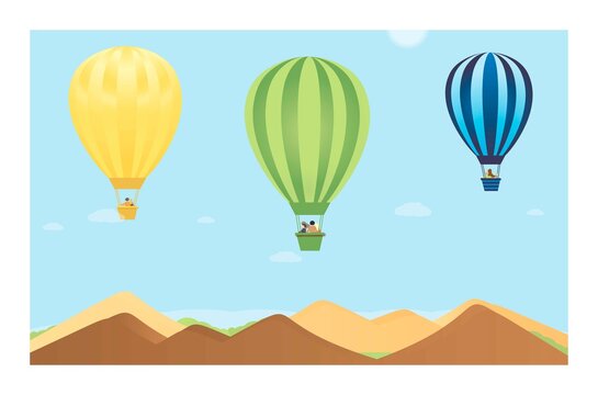 People fly in a hot air balloon over the mountains. Balloon Festival vector flat illustration. A romantic story of a summer trip