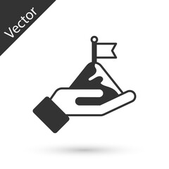 Grey Mountains with flag on top icon isolated on white background. Symbol of victory or success concept. Goal achievement. Vector