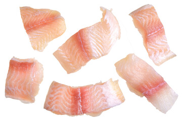 Pangasius fish fillet, pieces on a green lettuce leaf. Isolated on a white background. Fresh Fish Fillet.