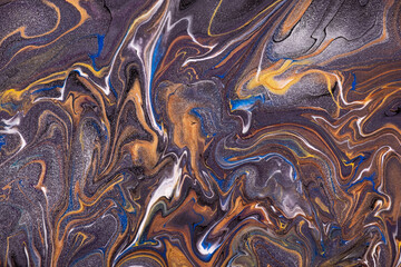 Abstract fluid art background dark purple and orange colors. Liquid marble. Acrylic painting on canvas with golden lines