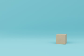 One wooden dice mockup, viewed in close-up with shadow on blue background and with copy space 3D rendering