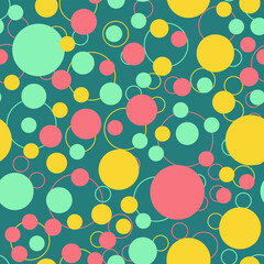 Circle pattern on green background. Seamless pattern tile. Simple design background. Geometric decorative texture. Coral, yellow, blue color. Flat vector illustration