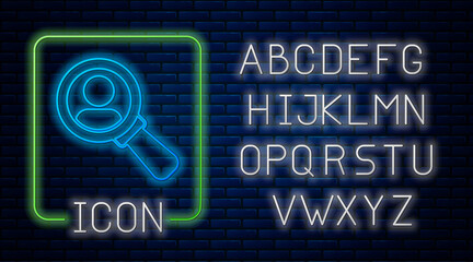 Glowing neon Magnifying glass for search a people icon isolated on brick wall background. Recruitment or selection concept. Search for employees and job. Neon light alphabet. Vector