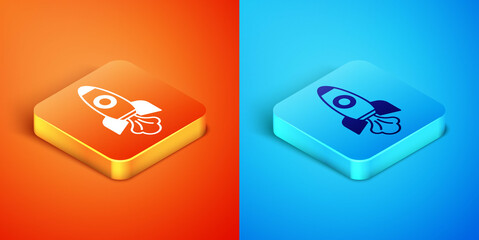 Isometric Rocket ship icon isolated on orange and blue background. Space travel. Vector