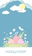 Easter egg hunt on meadow papercut design, spring nature paper cut vectors,  easter holidays greeting card 3d illustration