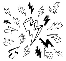 Doodle set lightning line art, vector illustration.