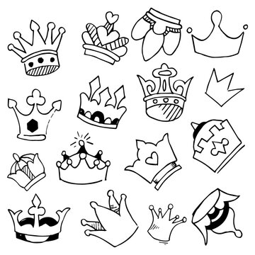 Doodle set crowns line art, vector illustration.