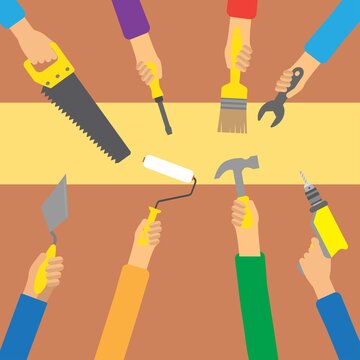 Hands holding different tools used in different professions