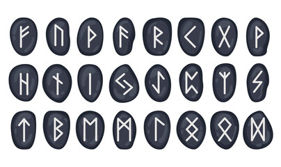 A set of runes on black stones. Futhark. Mystical, esoteric, occult, magical symbols. Fortune telling, prediction of the future. Isolated. Vector illustration
