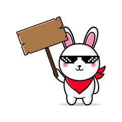 cute cool bunny carrying a blank text board design mascot kawaii