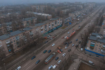 Fototapeta premium Tram traffic is paralyzed due to a traffic accident. Photos with drone cars in the morning