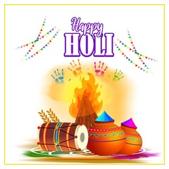 Vector illustration concept of Happy Holi greeting with holi elements on colorful background. The festival of colors. Popular Hindu festival.