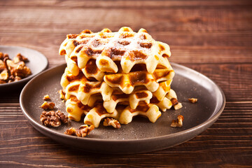 Freshly homemade baked waffles on the plate