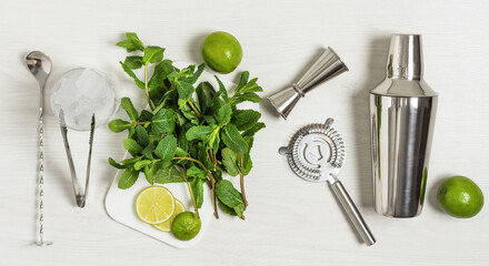 Ingredients and bar utensils for making mojito cocktail with ice cubes, fresh mint and lime on...